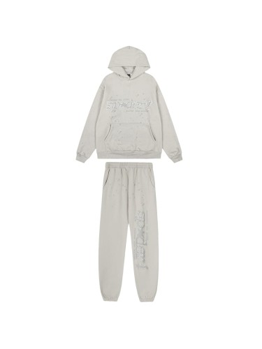 Rhinestone Arch Letter Subtle Spider Web & Tiny All Over Star Print Polar fleece Hoodie & Cuffed Sweatpants Set 29306412
