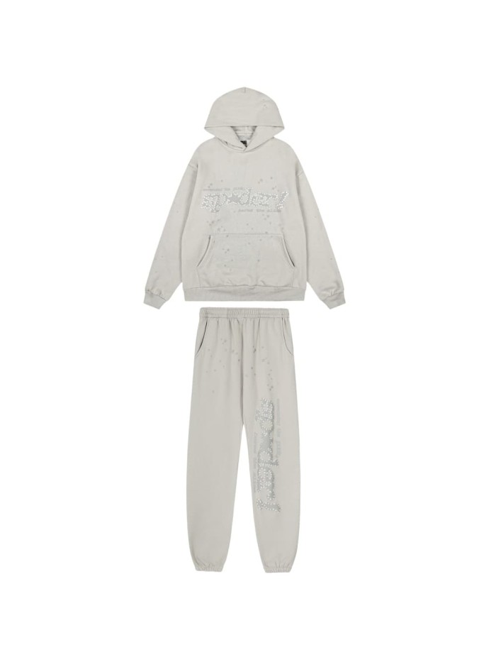 Rhinestone Arch Letter Subtle Spider Web & Tiny All Over Star Print Polar fleece Hoodie & Cuffed Sweatpants Set 29306412