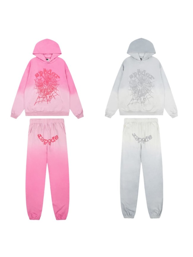 Ombre Gradient Dip Dye Silkscreen Arch Spider Web Print Hoodie & Cuffed Jogger Pants Set 2 colors 29306429