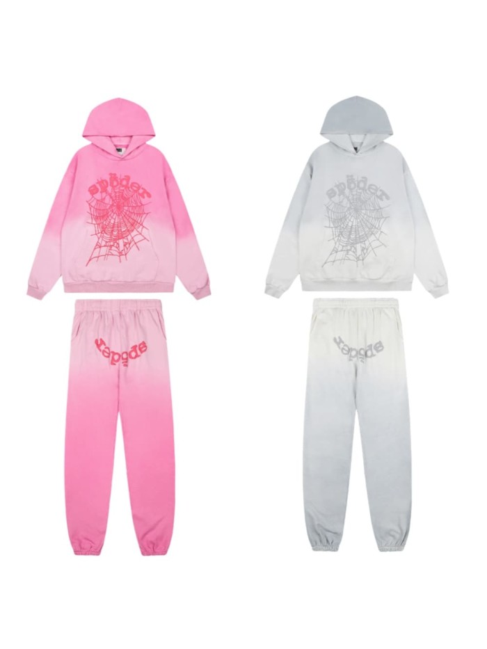 Ombre Gradient Dip Dye Silkscreen Arch Spider Web Print Hoodie & Cuffed Jogger Pants Set 2 colors 29306429