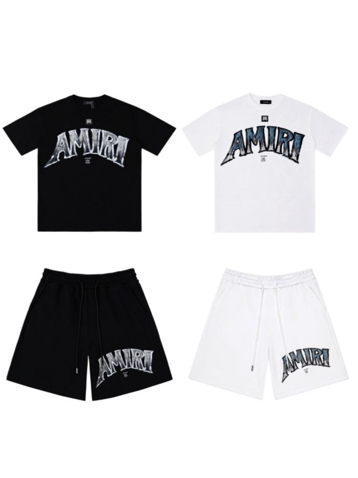 Gradient Crack Texture Big Arch Letter Print T-shirt & Sweat Shorts Set 2 colors 29307015