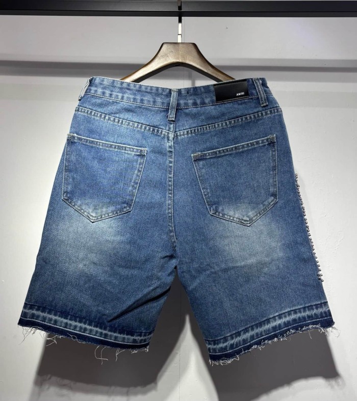 Multi-Color Rhinestone & Metal Stud Embellished Raw Frayed Hem Knee Length Denim Shorts 2 colors 29307055
