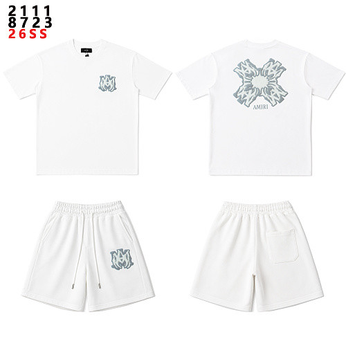 Dark-Style Ice Blue Flame Logo Print Heavyweight Casual T-shirt & French Terry Shorts Set 2 colors 29306996