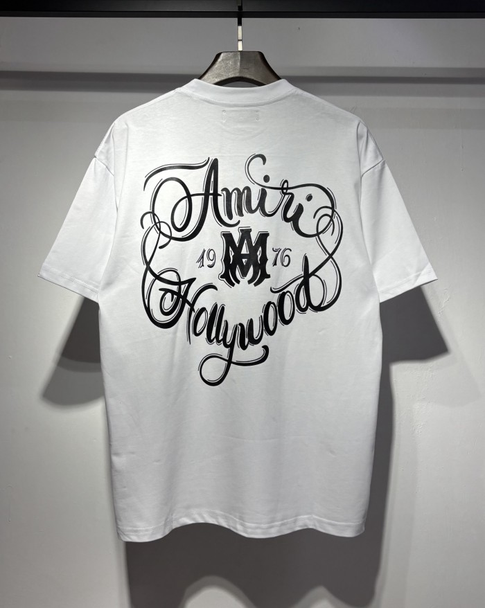 Front Mini Circular Hollywood Script Emblem Back Oversized Swirl Flourish Letter Print Tee 2 colors 29307018
