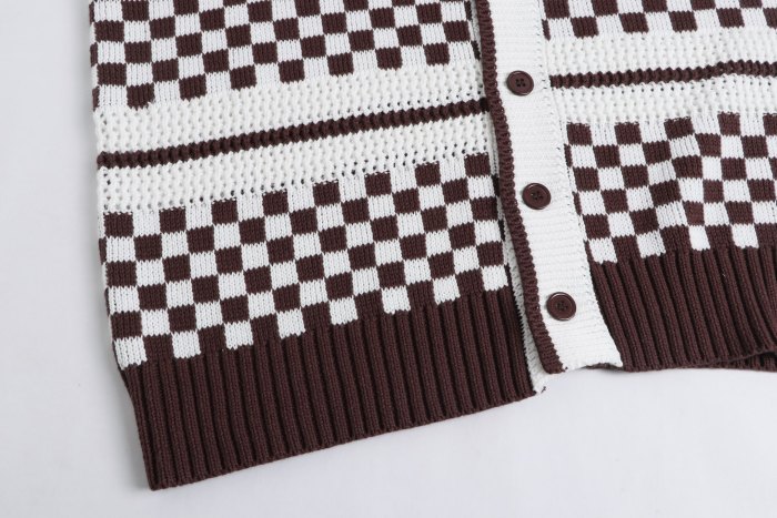 1:1 quality version Color-block Checkered Striped Knit Short Sleeve Top & Shorts Set 2 colors 29307117