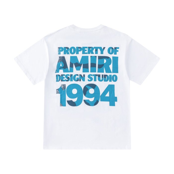Gradient Blue PROPERTY OF AMIRI 1994 Text Back Large Distressed Bold Block Letter Tee 2 colors 29307012