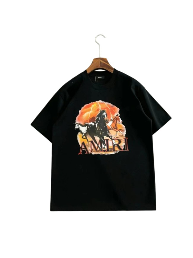 Single-Sided Circular Thunder Lightning Three Running Horses Graphic Plain Back Tee 29307086