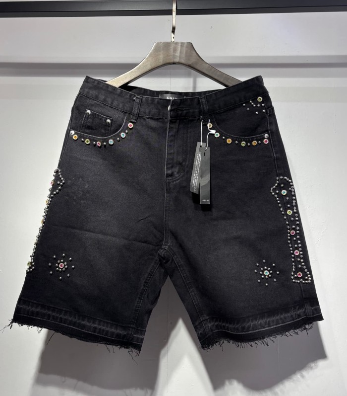 Multi-Color Rhinestone & Metal Stud Embellished Raw Frayed Hem Knee Length Denim Shorts 2 colors 29307055