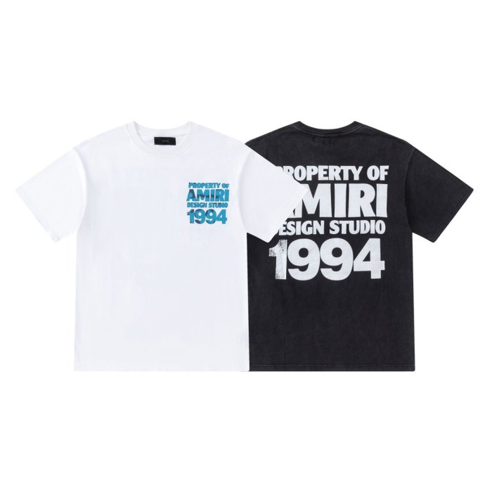 Gradient Blue PROPERTY OF AMIRI 1994 Text Back Large Distressed Bold Block Letter Tee 2 colors 29307012