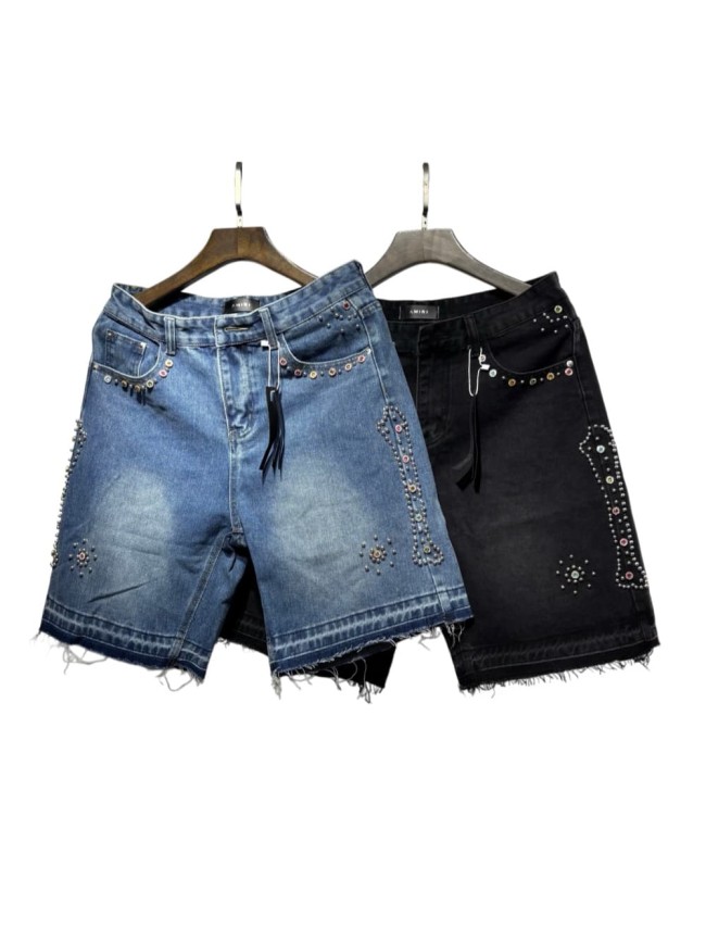 Multi-Color Rhinestone & Metal Stud Embellished Raw Frayed Hem Knee Length Denim Shorts 2 colors 29307055