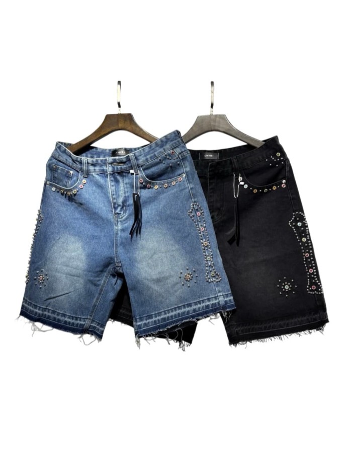 Multi-Color Rhinestone & Metal Stud Embellished Raw Frayed Hem Knee Length Denim Shorts 2 colors 29307055