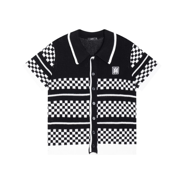 1:1 quality version Color-block Checkered Striped Knit Short Sleeve Top & Shorts Set 2 colors 29307117