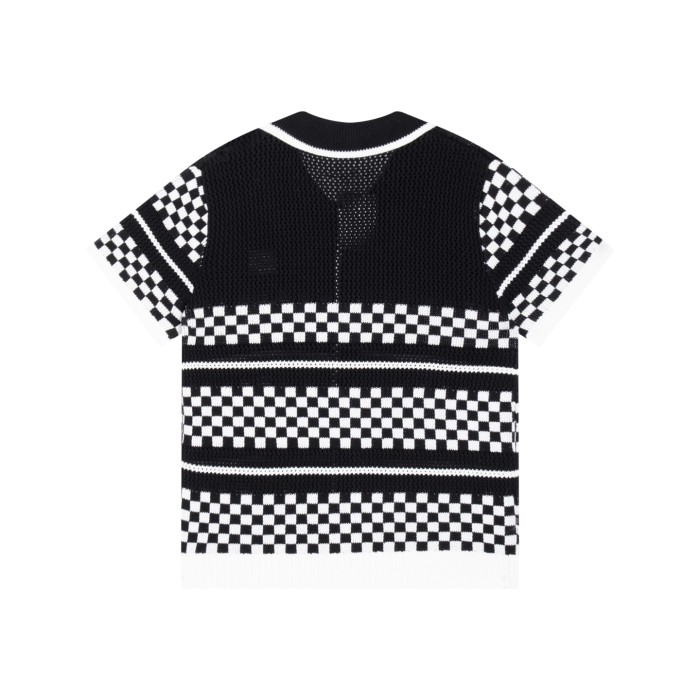 1:1 quality version Color-block Checkered Striped Knit Short Sleeve Top & Shorts Set 2 colors 29307117