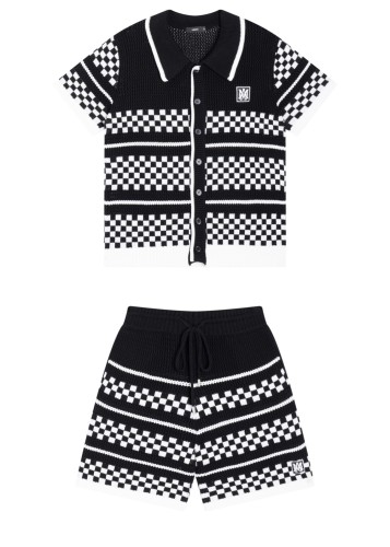 1:1 quality version Color-block Checkered Striped Knit Short Sleeve Top & Shorts Set 2 colors 29307117