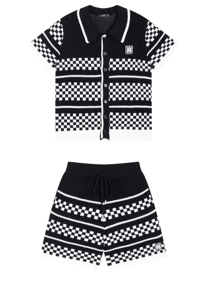 1:1 quality version Color-block Checkered Striped Knit Short Sleeve Top & Shorts Set 2 colors 29307117