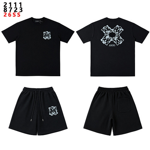 Dark-Style Ice Blue Flame Logo Print Heavyweight Casual T-shirt & French Terry Shorts Set 2 colors 29306996