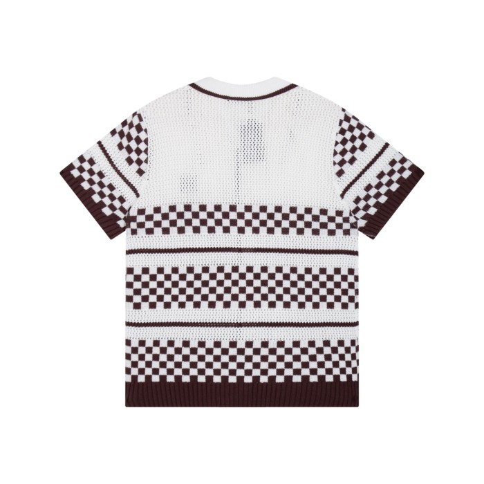 1:1 quality version Color-block Checkered Striped Knit Short Sleeve Top & Shorts Set 2 colors 29307117