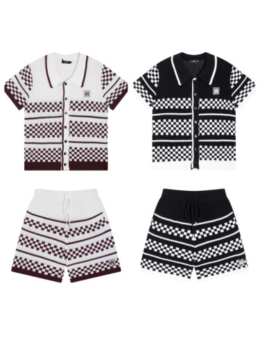 1:1 quality version Color-block Checkered Striped Knit Short Sleeve Top & Shorts Set 2 colors 29307117