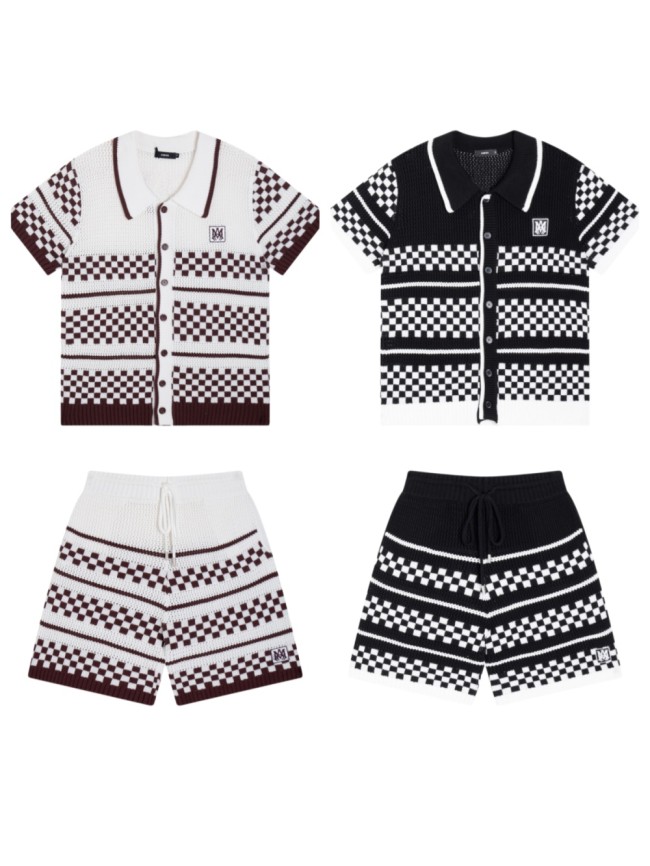 1:1 quality version Color-block Checkered Striped Knit Short Sleeve Top & Shorts Set 2 colors 29307117