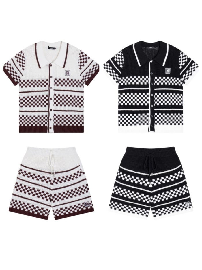 1:1 quality version Color-block Checkered Striped Knit Short Sleeve Top & Shorts Set 2 colors 29307117