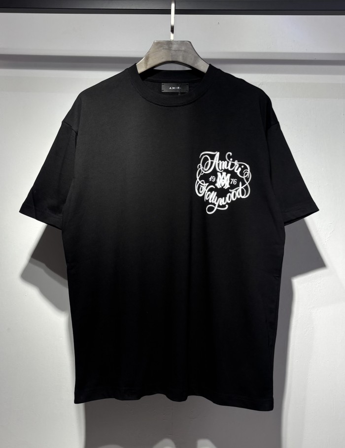 Front Mini Circular Hollywood Script Emblem Back Oversized Swirl Flourish Letter Print Tee 2 colors 29307018