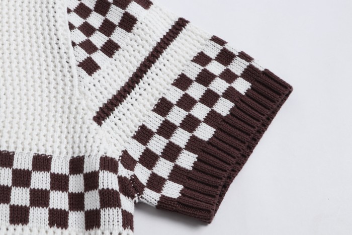 1:1 quality version Color-block Checkered Striped Knit Short Sleeve Top & Shorts Set 2 colors 29307117