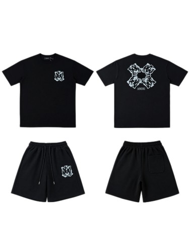 Dark-Style Ice Blue Flame Logo Print Heavyweight Casual T-shirt & French Terry Shorts Set 2 colors 29306996
