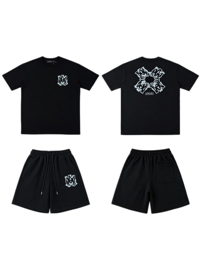 Dark-Style Ice Blue Flame Logo Print Heavyweight Casual T-shirt & French Terry Shorts Set 2 colors 29306996