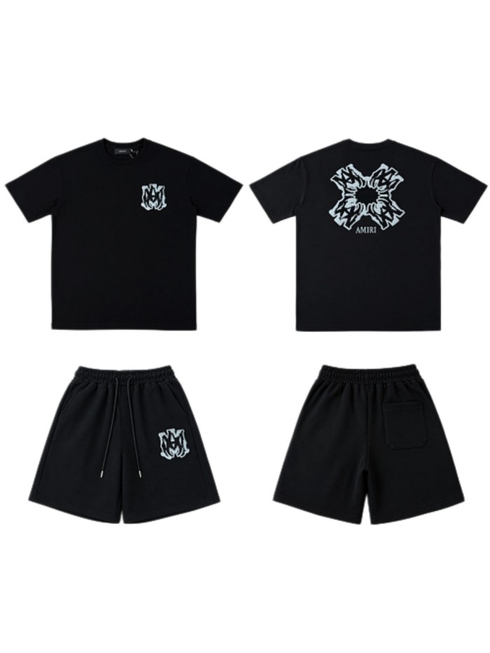 Dark-Style Ice Blue Flame Logo Print Heavyweight Casual T-shirt & French Terry Shorts Set 2 colors 29306996