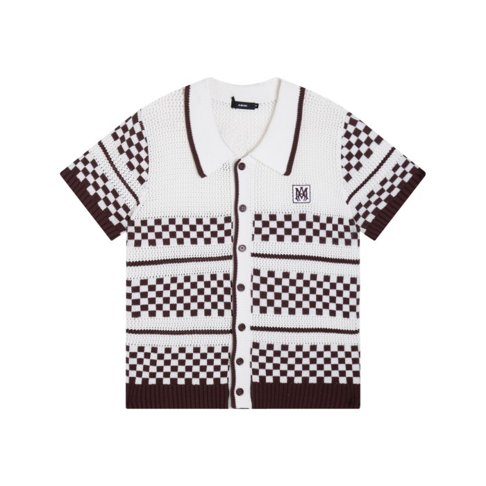 1:1 quality version Color-block Checkered Striped Knit Short Sleeve Top & Shorts Set 2 colors 29307117