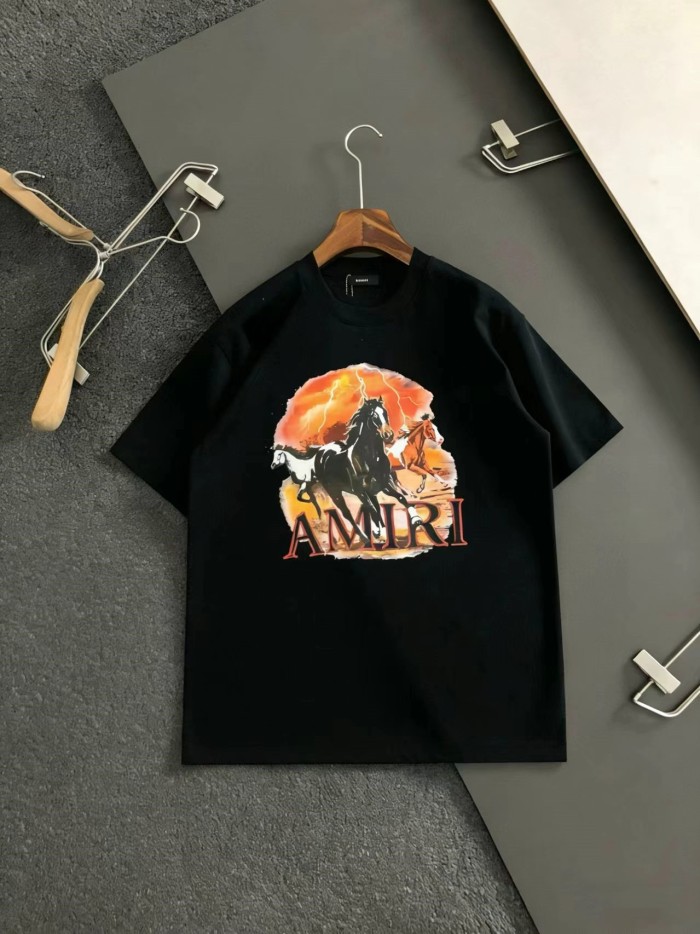 Single-Sided Circular Thunder Lightning Three Running Horses Graphic Plain Back Tee 29307086