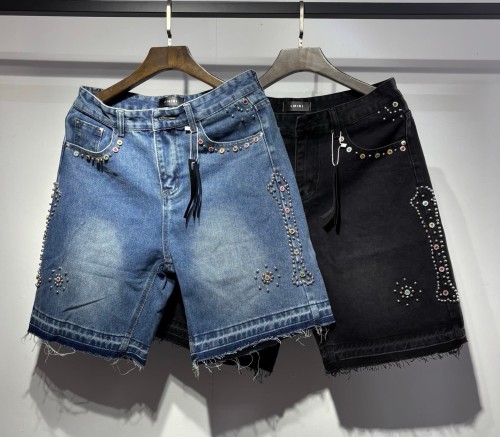 Multi-Color Rhinestone & Metal Stud Embellished Raw Frayed Hem Knee Length Denim Shorts 2 colors 29307055