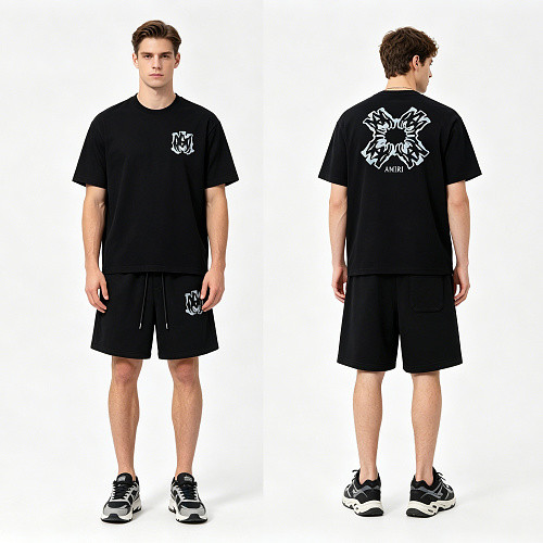 Dark-Style Ice Blue Flame Logo Print Heavyweight Casual T-shirt & French Terry Shorts Set 2 colors 29306996