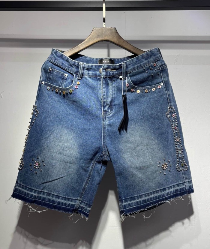 Multi-Color Rhinestone & Metal Stud Embellished Raw Frayed Hem Knee Length Denim Shorts 2 colors 29307055