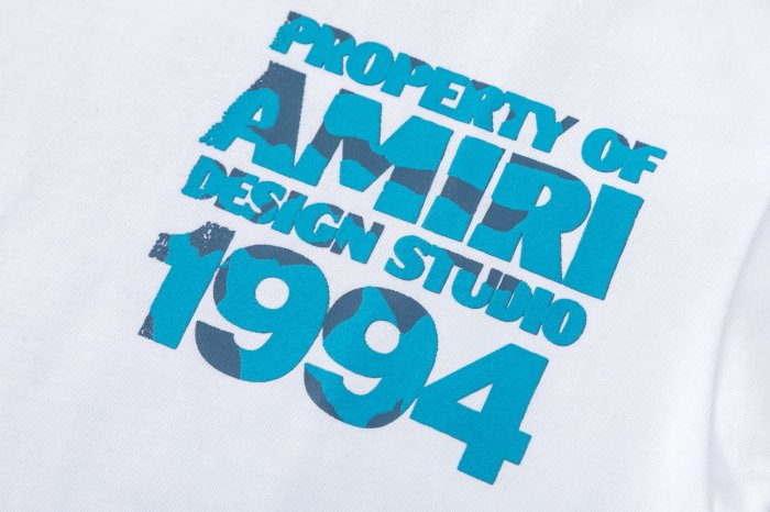 Gradient Blue PROPERTY OF AMIRI 1994 Text Back Large Distressed Bold Block Letter Tee 2 colors 29307012