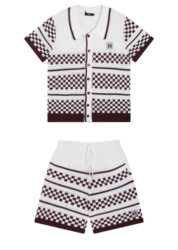 1:1 quality version Color-block Checkered Striped Knit Short Sleeve Top & Shorts Set 2 colors 29307117