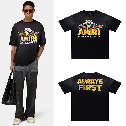Washed Faded Front Hollywood Race Flag Graphic Back ALWAYS FIRST Letter Print Tee 2 colors 29306987