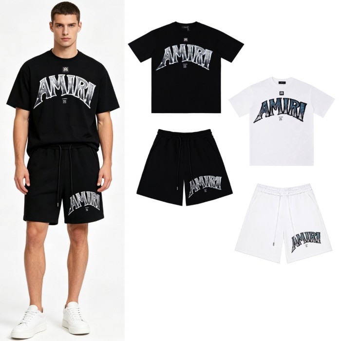 Gradient Crack Texture Big Arch Letter Print T-shirt & Sweat Shorts Set 2 colors 29307015