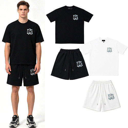 Dark-Style Ice Blue Flame Logo Print Heavyweight Casual T-shirt & French Terry Shorts Set 2 colors 29306996