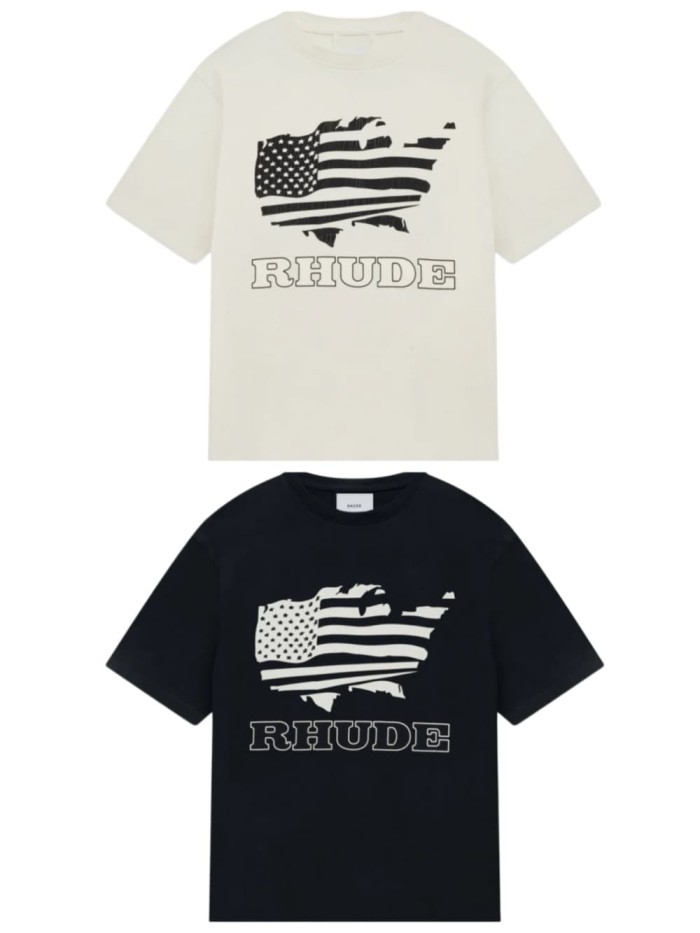 Retro Streetwear Single-Sided USA Map Distressed US Flag Outline Letter Print Tee 2 colors 29310941