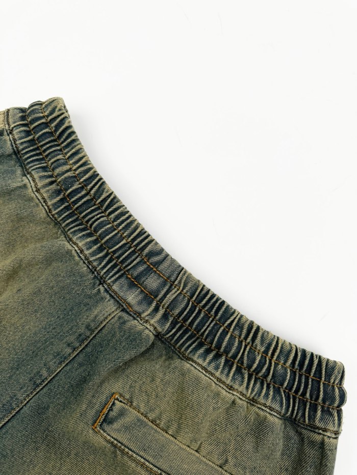 1:1 quality version Side Navy Star Appliqué Contrast Stripe Panel Elastic Drawstring Waist Vintage Mud Wash Wide Leg Baggy Streetwear Denim Jeans  29310926