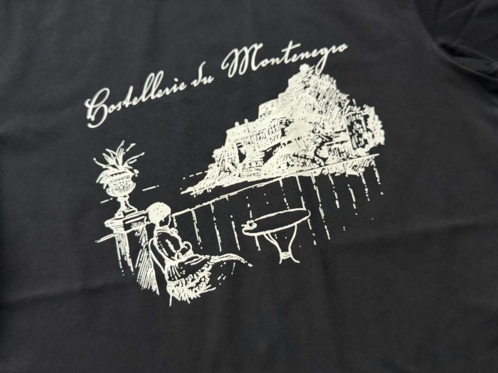 Vintage French Hand Sketch Montenegro Cliff Landscape Dual Side Cursive Script Letter Print Tee 2 colors 29310937