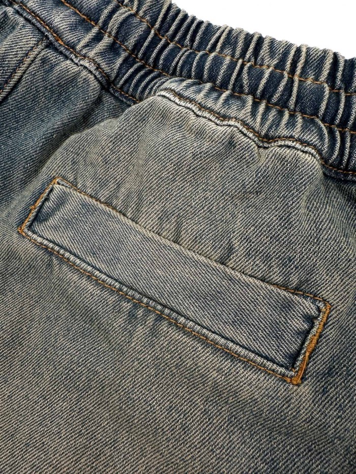 1:1 quality version Side Navy Star Appliqué Contrast Stripe Panel Elastic Drawstring Waist Vintage Mud Wash Wide Leg Baggy Streetwear Denim Jeans  29310926
