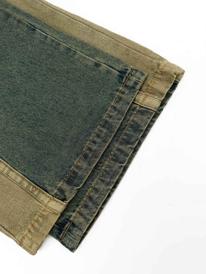 1:1 quality version Side Navy Star Appliqué Contrast Stripe Panel Elastic Drawstring Waist Vintage Mud Wash Wide Leg Baggy Streetwear Denim Jeans  29310926