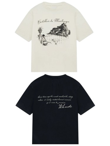 Vintage French Hand Sketch Montenegro Cliff Landscape Dual Side Cursive Script Letter Print Tee 2 colors 29310937