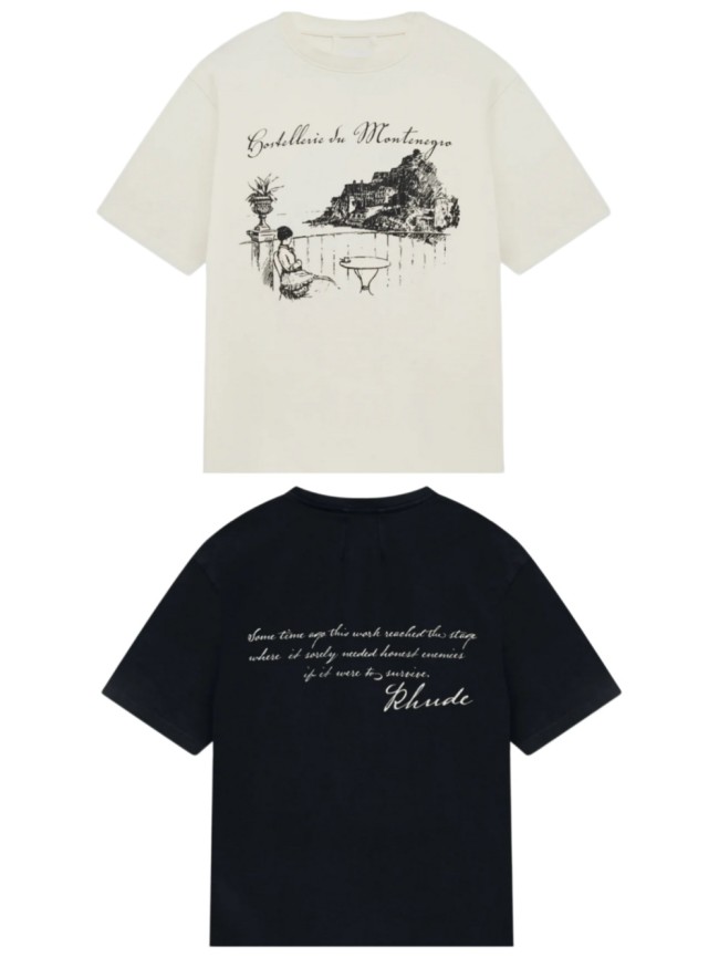 Vintage French Hand Sketch Montenegro Cliff Landscape Dual Side Cursive Script Letter Print Tee 2 colors 29310937