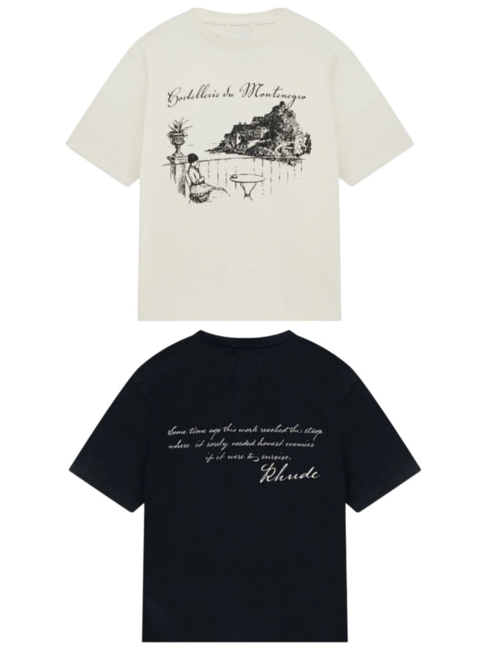 Vintage French Hand Sketch Montenegro Cliff Landscape Dual Side Cursive Script Letter Print Tee 2 colors 29310937