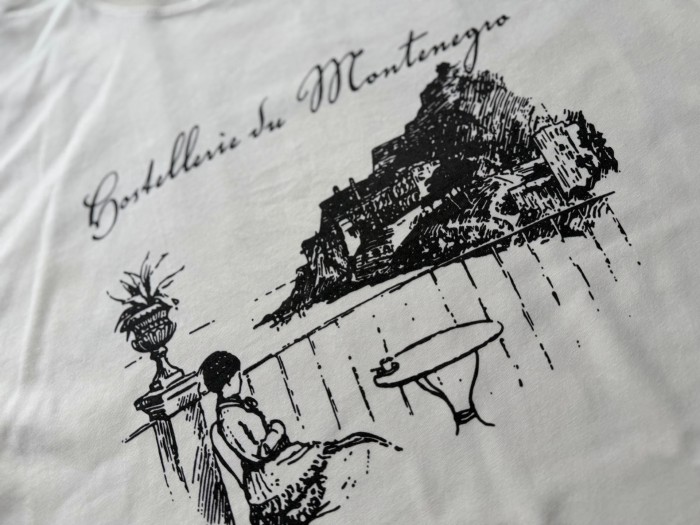 Vintage French Hand Sketch Montenegro Cliff Landscape Dual Side Cursive Script Letter Print Tee 2 colors 29310937