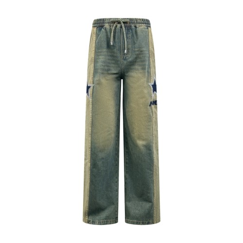 1:1 quality version Side Navy Star Appliqué Contrast Stripe Panel Elastic Drawstring Waist Vintage Mud Wash Wide Leg Baggy Streetwear Denim Jeans  29310926