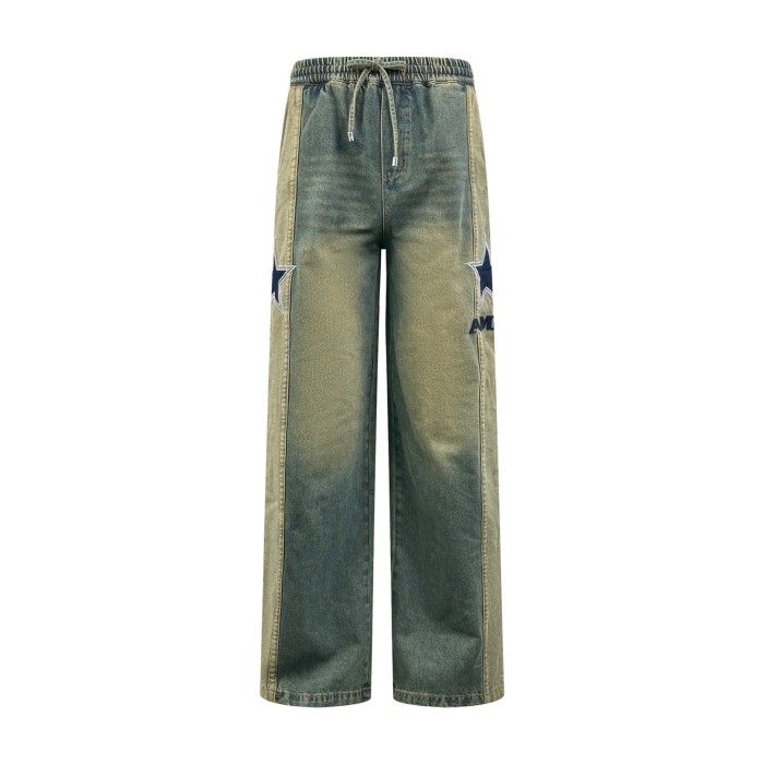 1:1 quality version Side Navy Star Appliqué Contrast Stripe Panel Elastic Drawstring Waist Vintage Mud Wash Wide Leg Baggy Streetwear Denim Jeans  29310926
